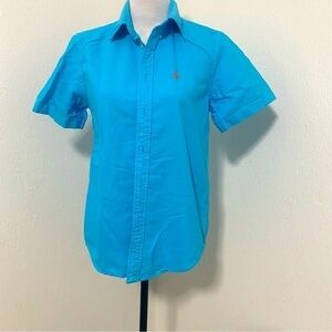 Ralph Lauren Boy Short Sleeve Turquoise Orange Pony Button Down Sz Large (14-16)